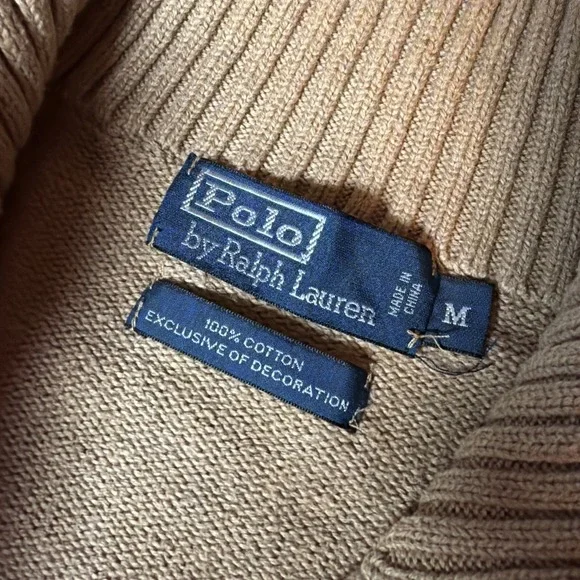 Polo Ralph Lauren Sweater Knit 1/4 Zip Camel Khaki Cotton Mens M Brown Pony Vtg